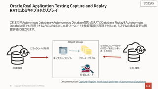 ②取得したワークロード
のリプレイおよび分析レ
ポートの出⼒
38 Copyright © 2023, Oracle and/or its affiliates
Oracle Real Application Testing Capture and Replay
RATによるキャプチャとリプレイ
これまで⾮Autonmous Database→Autonomous Database間だったRATのDatabase ReplayをAutonomous
Database間でも利⽤できるようになりました。本番ワークロードを検証環境で再現できるため、システムの構成変更の影
響評価に役⽴ちます。
2023/3
Documentation:Capture-Replay Workloads between Autonomous Databases
キャプチャ・ファイル リプレイ・ファイル
①ワークロードの取得
分析レポート
本番環境 テスト環境
Object Storage
 