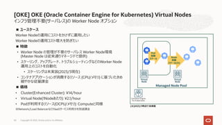 インフラ管理不要(サーバレス)の Worker Node オプション
[OKE] OKE (Oracle Container Engine for Kubernetes) Virtual Nodes
Copyright © 2023, Oracle and/or its affiliates
50
■ ユースケース
Worker Nodeの運⽤にコストをかけずに運⽤したい
Worker Nodeの運⽤コスト増⼤を防ぎたい
■ 特徴
• Worker Node の管理が不要のサーバレス Worker Node環境
(Master Node は従来通りマネージドで提供)
• スケーリング、アップグレード、トラブルシューティングなどのWorker Node
運⽤上のコストを⾃動化
• スケーリングは未実装(2023/3現在)
• コンテナアプリケーションが消費するリソース (CPU/メモリ) に基づいたきめ
細やかな従量課⾦
■ 価格
• Cluster(Enhanced Cluster): ¥14/hour
• Virtual Node(1Nodeあたり): ¥2.1/hour
• Podが利⽤するリソース(OCPU/メモリ): Computeと同様
※Network/Load BalancerなどのIaaSサービス利⽤分を別途課⾦
Container Engine
For Kubernetes
Managed Node Pool
Virtual
Node
Pod
⾃動
スケール
Node
⾃動
スケール(※)
Virtual
Node
(※)2023/3時点で未実装
 