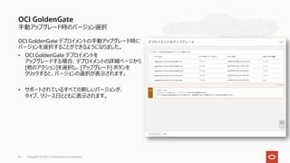 ⼿動アップグレード時のバージョン選択
OCI GoldenGate デプロイメントの⼿動アップグレード時に
バージョンを選択することができるようになりました。
• OCI GoldenGate デプロイメントを
アップグレードする場合、デプロイメントの詳細ページから
[他のアクション]を選択し、[アップグレード] ボタンを
クリックすると、バージョンの選択が表⽰されます。
• サポートされているすべての新しいバージョンが、
タイプ、リリース⽇とともに表⽰されます。
OCI GoldenGate
Copyright © 2023, Oracle and/or its affiliates
65
 