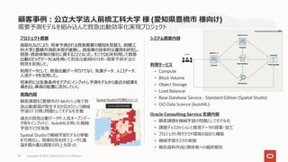 顧客事例︓公⽴⼤学法⼈前橋⼯科⼤学 様 (愛知県豊橋市 様向け)
需要予測モデルを組み込んだ救急出動効率化実現プロジェクト
プロジェクト概要
⾼齢化などにより、将来予測される救急需要の増加を⾒据え、前橋⼯
科⼤学と豊橋市消防本部が連携し、救急⾞の効率的な運⽤を研究し、
救急・救命体制の強化に資することとなった。そこでOCIを利⽤して救急
出動のビッグデータとAIを⽤いて救急出動傾向分析・需要予測⼿法の
開発を実施した。
利⽤データとして、救急出動データだけでなく、気象データ、⼈⼝データ、
⼈流データを活⽤した。
将来的には気象条件をアプリにインプットし予測モデルから直近の結果を
導き出し⾞両の配置に活かしていく。
システム概要内容
利⽤サービス
• Compute
• Block Volume
• Object Storage
• Load Balancer
• Base Database Service - Standard Edition (Spatial Studio)
• OCI Data Science (AutoML)
87 Copyright © 2023, Oracle and/or its affiliates
Oracle Consulting Service ⽀援内容
• 顧客課題を機械学習の問題としてモデル化
• 課題ディスカッションと推奨データの提案・加⼯
• プロジェクト⽤クラウド環境の設計と構築
• 機械学習タスクの実施
• 報告資料作成と関係者への最終報告
実施内容
顧客課題を【豊橋市の1 ㎞メッシュ毎で救
急出動要請が発⽣するか否か】という機械
学習の「分類」問題としてモデルを定義
過去の救急出動データや⼈流オープンデー
タ等をインプットに、AutoMLを⽤いた機械
学習タスクを実施
Spatial Studioで機械学習モデルの挙動
を可視化し、現場知⾒を持つユーザと議
論を積み重ね精度の向上を図った
Spatial Studioの可視化イメージ
 