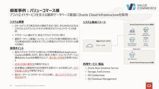 システム概要
• Zホールディングス株式会社の連結⼦会社であり、約1,000もの広告主
と75万以上のアフィリエイトサイトが参加するアフィリエイトサービスを提
供
• アプリケーション層はすでに他社パブリック・クラウドに移⾏
• 基幹データベース基盤についても、ハードウェアの保守期限切れに伴い、
TCO削減を⽬的に従来のオンプレミス環境よりパブリック・クラウドへの移
⾏を検討
採⽤ポイント
• 他社パブリック・クラウドでは採れない可⽤性構成(Real Application
Clusters)を維持しながら、新たに東京-⼤阪リージョンでレプリケーション
構成(Data Guard)を構築することで、更に⾼い可⽤性が実現できるこ
と
• 従来と同様の運⽤性が維持できること
• 従来構成との親和性やOCIが提供する移⾏ツールの活⽤により、リクス
を低減した移⾏が実現できること
• 他のデータベース・クラウド・サービスと⽐較し、⾼いコストパフォマンスが
⾒込めること
システム構成イメージ
利⽤サービス・製品
• Oracle Base Database Service
• Storage, FastConnect
• OCI GoldenGate
• OCI Database Management
顧客事例︓バリューコマース様
Copyright © 2023, Oracle and/or its affiliates
88
Oracle Cloud Infrastructure (東京)
Base Database
(Oracle RAC)
Object
Storage
Database
Management
Oracle Cloud Infrastructure (⼤阪)
Base Database
Data Guard
他社パブリック・クラウド
アプリケーション群
GoldenGate
アフィリエイトサービスを⽀える基幹データベース基盤にOracle Cloud Infrastructureを採⽤
 
