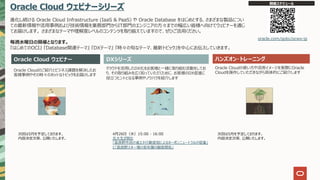 Oracle Cloud ウェビナーシリーズ
進化し続ける Oracle Cloud Infrastructure (IaaS & PaaS) や Oracle Database をはじめとする、さまざまな製品につい
ての最新情報や活⽤事例および技術情報を業務部⾨からIT部⾨のエンジニアの⽅々までの幅広い皆様へ向けてウェビナーを通じ
てお届けします。 さまざまなテーマや理解度レベルのコンテンツを取り揃えていますので、ぜひご活⽤ください。
毎週⽔曜⽇の開催となります。
『はじめてのOCI』 『Database関連テーマ』 『DXテーマ』 『時々の旬なテーマ、最新トピック』を中⼼にお伝えしていきます。
Oracle Cloud ウェビナー ハンズオン・トレーニング
Oracle Cloudのご紹介とビジネス課題を解決したお
客様事例やその時々のホットなトピックをお届けします
クラウドを活⽤したDX化をお客様と⼀緒に取り組む活動をしてお
り、その取り組みを広く知っていただくために、お客様のDX促進に
役⽴つヒントとなる事例やノウハウを紹介します
Oracle Cloudの使い⽅や活⽤イメージを実際にOracle
Cloudを操作していただきながら具体的にご紹介します
開催スケジュール
oracle.com/goto/ocws-jp
DXシリーズ
次回は5⽉を予定しております。
内容決定次第、公開いたします。
4⽉26⽇（⽔）15:00 - 16:00
北⼤⽣が挑む
「富良野市⺠の省エネ⾏動変容によるカーボンニュートラルの促進」
と「富良野スキー場の若年層の顧客開拓」
次回は5⽉を予定しております。
内容決定次第、公開いたします。
 