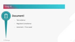 Document!
› Test evidence
› Regulatory compliance
› Automatic = Time saved
Step 4
12
 