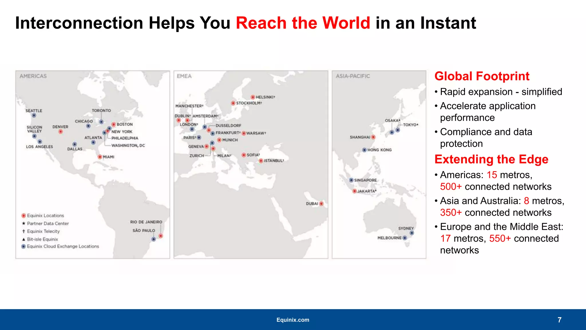 Equinix.com
Interconnection Helps You Reach the World in an Instant
7
Global Footprint
• Rapid expansion - simplified
• Accelerate application
performance
• Compliance and data
protection
Extending the Edge
• Americas: 15 metros,
500+ connected networks
• Asia and Australia: 8 metros,
350+ connected networks
• Europe and the Middle East:
17 metros, 550+ connected
networks
 