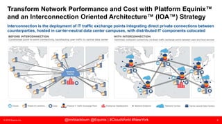 © 2018 Equinix Inc. 8@imrblackburn @Equinix | #CloudWorld #NewYork
Transform Network Performance and Cost with Platform Equinix™
and an Interconnection Oriented Architecture™ (IOA™) Strategy
Interconnection is the deployment of IT traffic exchange points integrating direct private connections between
counterparties, hosted in carrier-neutral data center campuses, with distributed IT components colocated
 