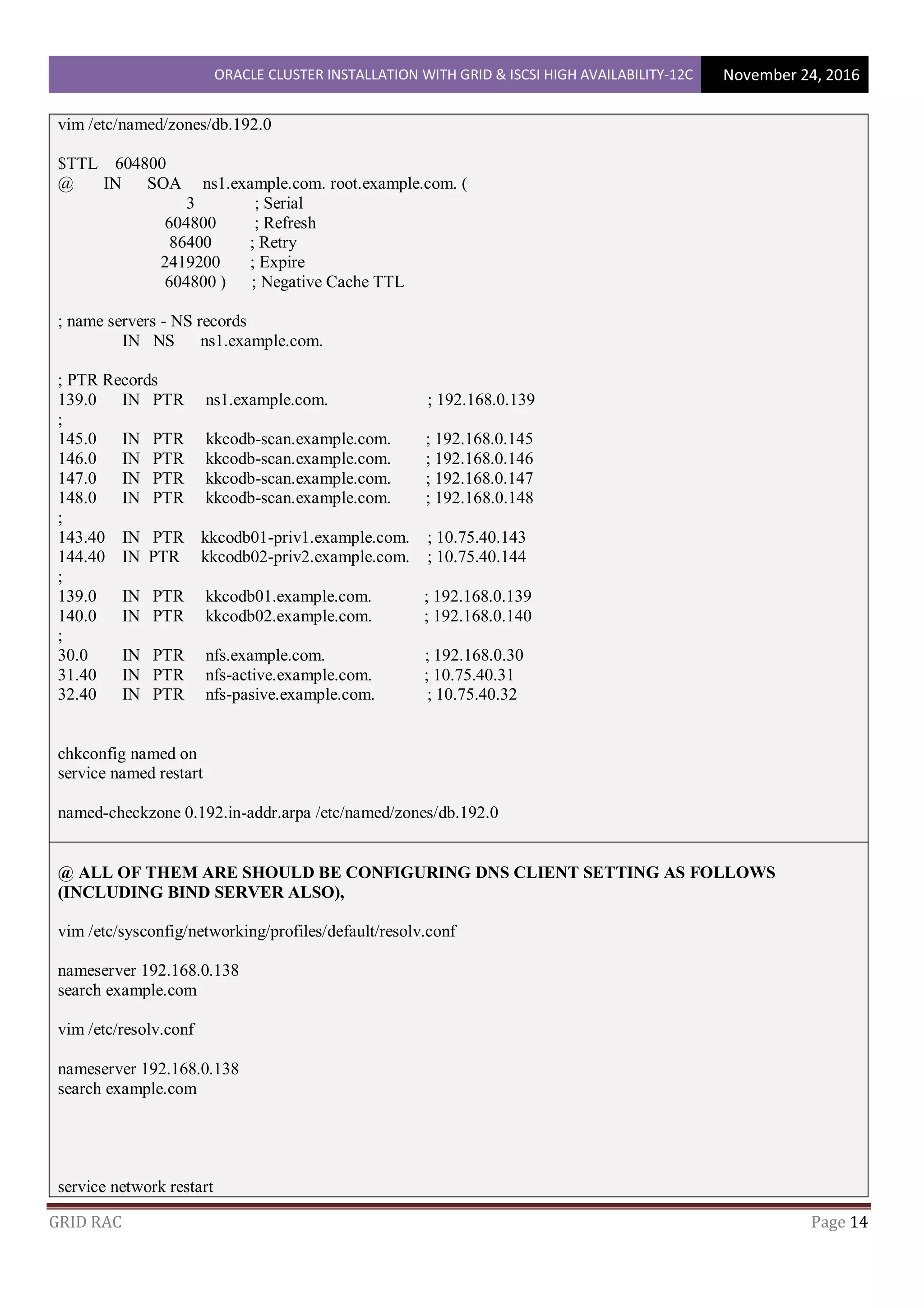 ORACLE CLUSTER INSTALLATION WITH GRID & ISCSI HIGH AVAILABILITY-12C November 24, 2016
GRID RAC Page 14
vim /etc/named/zones/db.192.0
$TTL 604800
@ IN SOA ns1.example.com. root.example.com. (
3 ; Serial
604800 ; Refresh
86400 ; Retry
2419200 ; Expire
604800 ) ; Negative Cache TTL
; name servers - NS records
IN NS ns1.example.com.
; PTR Records
139.0 IN PTR ns1.example.com. ; 192.168.0.139
;
145.0 IN PTR kkcodb-scan.example.com. ; 192.168.0.145
146.0 IN PTR kkcodb-scan.example.com. ; 192.168.0.146
147.0 IN PTR kkcodb-scan.example.com. ; 192.168.0.147
148.0 IN PTR kkcodb-scan.example.com. ; 192.168.0.148
;
143.40 IN PTR kkcodb01-priv1.example.com. ; 10.75.40.143
144.40 IN PTR kkcodb02-priv2.example.com. ; 10.75.40.144
;
139.0 IN PTR kkcodb01.example.com. ; 192.168.0.139
140.0 IN PTR kkcodb02.example.com. ; 192.168.0.140
;
30.0 IN PTR nfs.example.com. ; 192.168.0.30
31.40 IN PTR nfs-active.example.com. ; 10.75.40.31
32.40 IN PTR nfs-pasive.example.com. ; 10.75.40.32
chkconfig named on
service named restart
named-checkzone 0.192.in-addr.arpa /etc/named/zones/db.192.0
@ ALL OF THEM ARE SHOULD BE CONFIGURING DNS CLIENT SETTING AS FOLLOWS
(INCLUDING BIND SERVER ALSO),
vim /etc/sysconfig/networking/profiles/default/resolv.conf
nameserver 192.168.0.138
search example.com
vim /etc/resolv.conf
nameserver 192.168.0.138
search example.com
service network restart
 