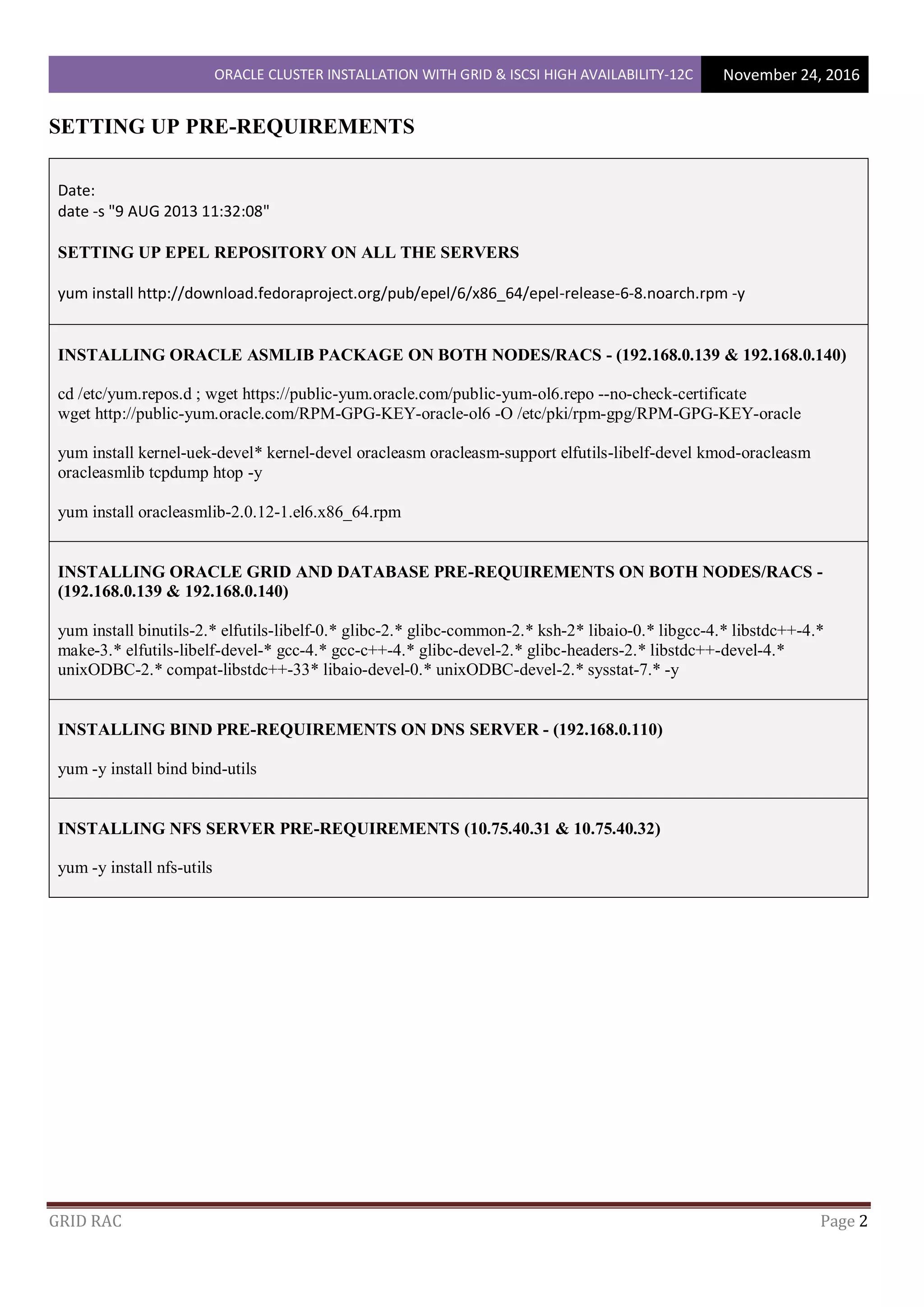 ORACLE CLUSTER INSTALLATION WITH GRID & ISCSI HIGH AVAILABILITY-12C November 24, 2016
GRID RAC Page 2
SETTING UP PRE-REQUIREMENTS
Date:
date -s "9 AUG 2013 11:32:08"
SETTING UP EPEL REPOSITORY ON ALL THE SERVERS
yum install http://download.fedoraproject.org/pub/epel/6/x86_64/epel-release-6-8.noarch.rpm -y
INSTALLING ORACLE ASMLIB PACKAGE ON BOTH NODES/RACS - (192.168.0.139 & 192.168.0.140)
cd /etc/yum.repos.d ; wget https://public-yum.oracle.com/public-yum-ol6.repo --no-check-certificate
wget http://public-yum.oracle.com/RPM-GPG-KEY-oracle-ol6 -O /etc/pki/rpm-gpg/RPM-GPG-KEY-oracle
yum install kernel-uek-devel* kernel-devel oracleasm oracleasm-support elfutils-libelf-devel kmod-oracleasm
oracleasmlib tcpdump htop -y
yum install oracleasmlib-2.0.12-1.el6.x86_64.rpm
INSTALLING ORACLE GRID AND DATABASE PRE-REQUIREMENTS ON BOTH NODES/RACS -
(192.168.0.139 & 192.168.0.140)
yum install binutils-2.* elfutils-libelf-0.* glibc-2.* glibc-common-2.* ksh-2* libaio-0.* libgcc-4.* libstdc++-4.*
make-3.* elfutils-libelf-devel-* gcc-4.* gcc-c++-4.* glibc-devel-2.* glibc-headers-2.* libstdc++-devel-4.*
unixODBC-2.* compat-libstdc++-33* libaio-devel-0.* unixODBC-devel-2.* sysstat-7.* -y
INSTALLING BIND PRE-REQUIREMENTS ON DNS SERVER - (192.168.0.110)
yum -y install bind bind-utils
INSTALLING NFS SERVER PRE-REQUIREMENTS (10.75.40.31 & 10.75.40.32)
yum -y install nfs-utils
 