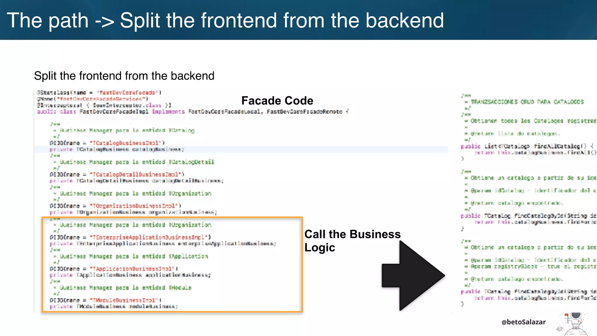 @betoSalazar
Split the frontend from the backend
Facade Code
Call the Business
Logic
The path -> Split the frontend from the backend
 