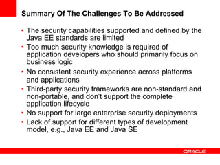 Summary Of The Challenges To Be Addressed The security capabilities supported and defined by the Java EE standards are limited Too much security knowledge is required of application developers who should primarily focus on business logic No consistent security experience across platforms and applications Third-party security frameworks are non-standard and non-portable, and don’t support the complete application lifecycle No support for large  enterprise security deployments Lack of support for different types of development model, e.g., Java EE and Java SE 