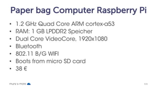 Paper bag Computer Raspberry Pi
• 1.2 GHz Quad Core ARM cortex-a53
• RAM: 1 GB LPDDR2 Speicher
• Dual Core VideoCore, 1920x1080
• Bluetooth
• 802.11 B/G WIFI
• Boots from micro SD card
• 38 €
munz & more #28
 