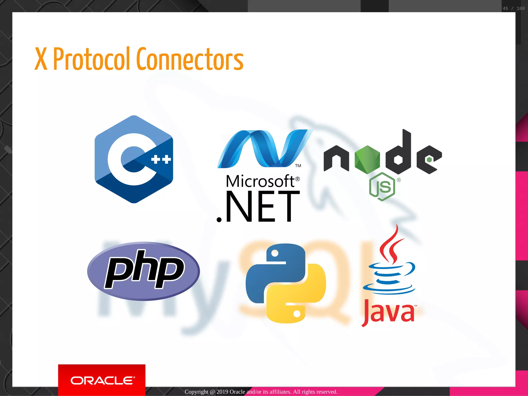 X Protocol Connectors Copyright @ 2019 Oracle and/or its affiliates. All rights reserved. 45 / 100 