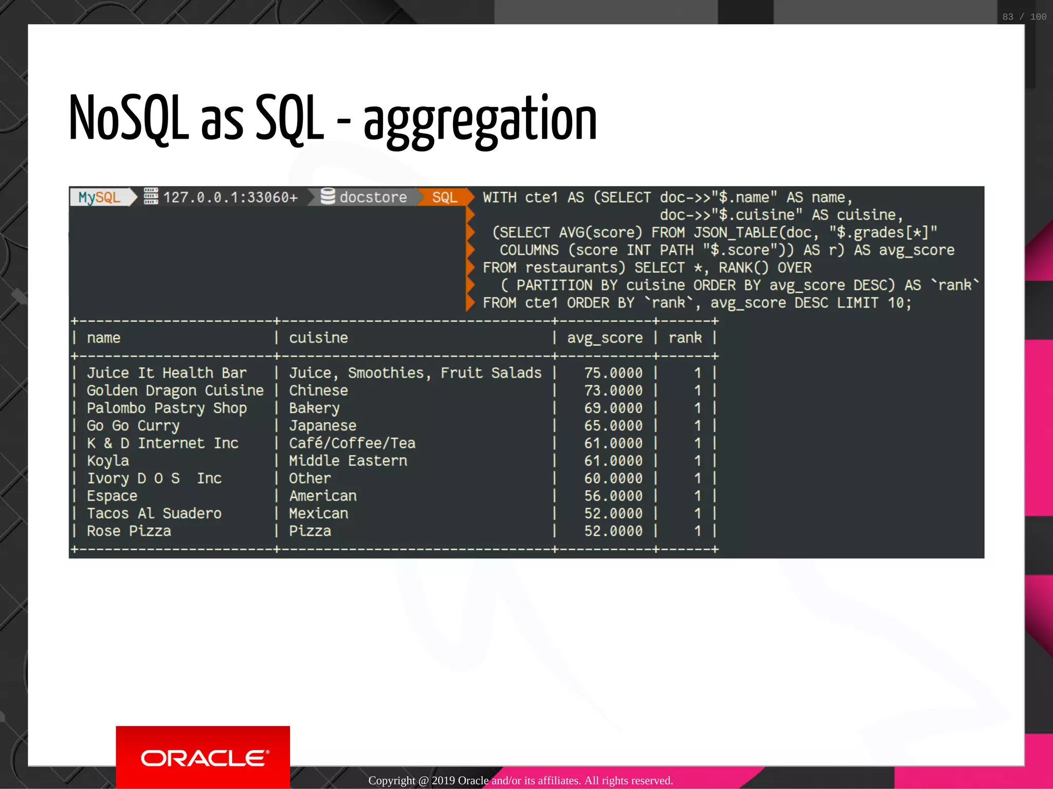 NoSQL as SQL - aggregation Copyright @ 2019 Oracle and/or its affiliates. All rights reserved. 83 / 100 