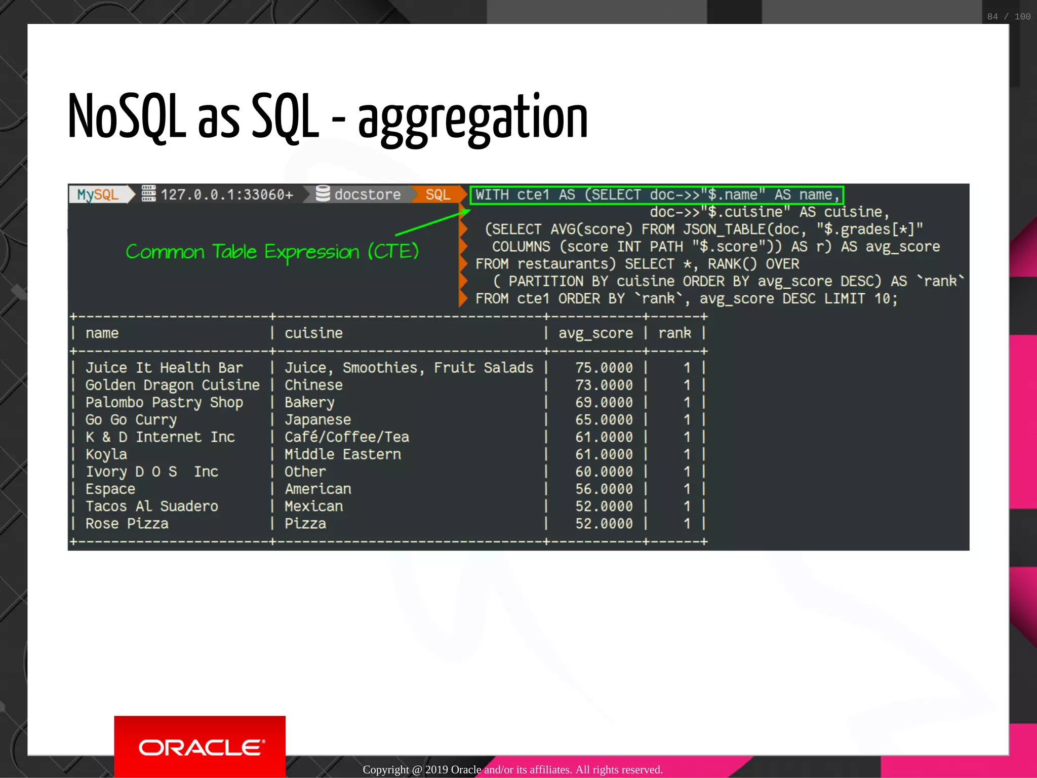 NoSQL as SQL - aggregation Copyright @ 2019 Oracle and/or its affiliates. All rights reserved. 84 / 100 