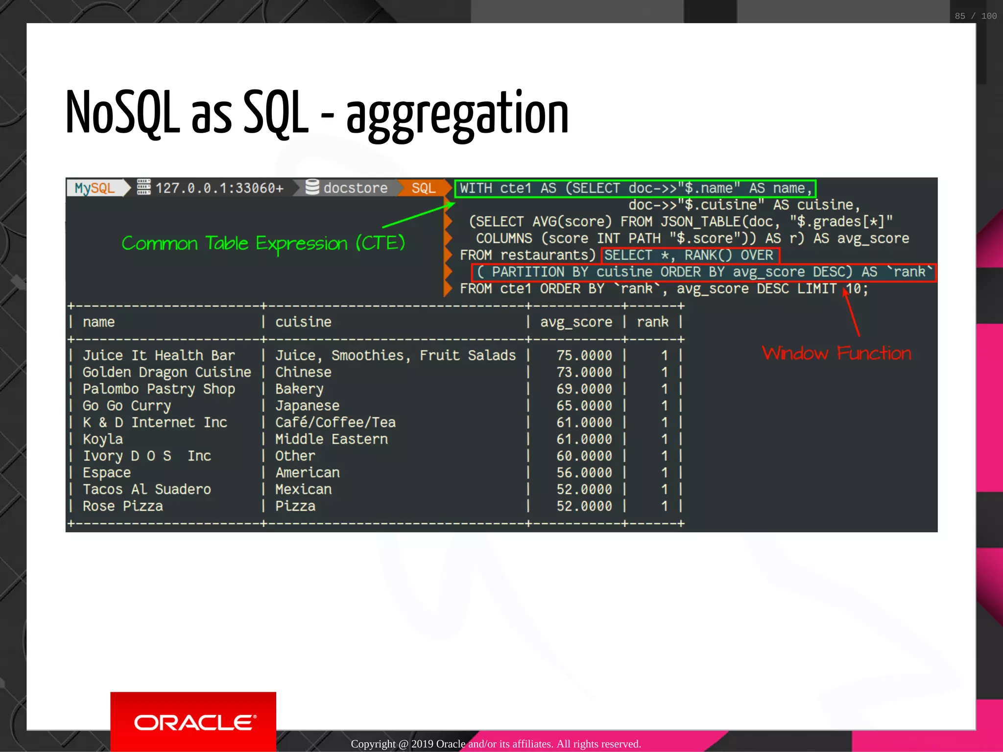 NoSQL as SQL - aggregation Copyright @ 2019 Oracle and/or its affiliates. All rights reserved. 85 / 100 