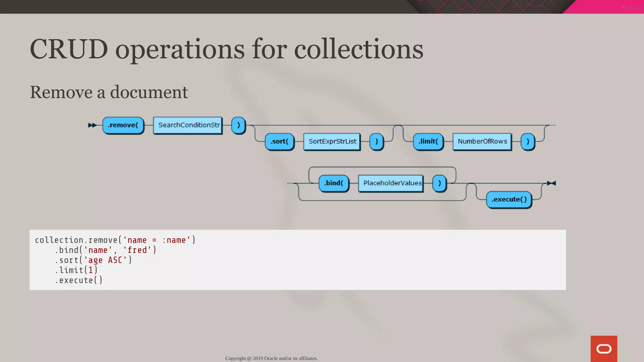 CRUD operations for collections
Remove a document
collection.remove('name = :name')
.bind('name', 'fred')
.sort('age ASC')
.limit(1)
.execute()
Copyright @ 2019 Oracle and/or its affiliates.
41 / 111
 