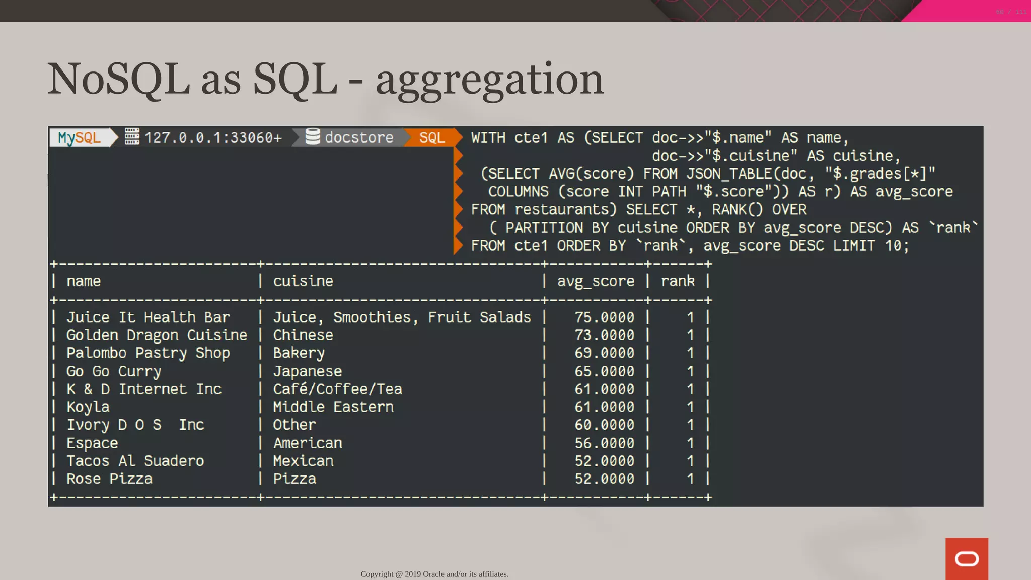 NoSQL as SQL - aggregation
Copyright @ 2019 Oracle and/or its affiliates.
60 / 111
 