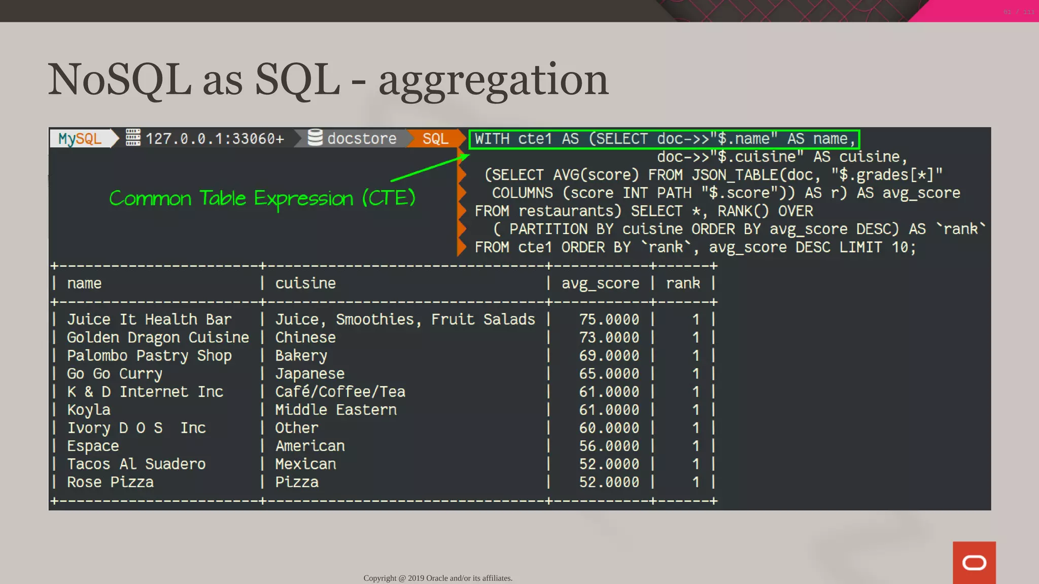NoSQL as SQL - aggregation
Copyright @ 2019 Oracle and/or its affiliates.
61 / 111
 