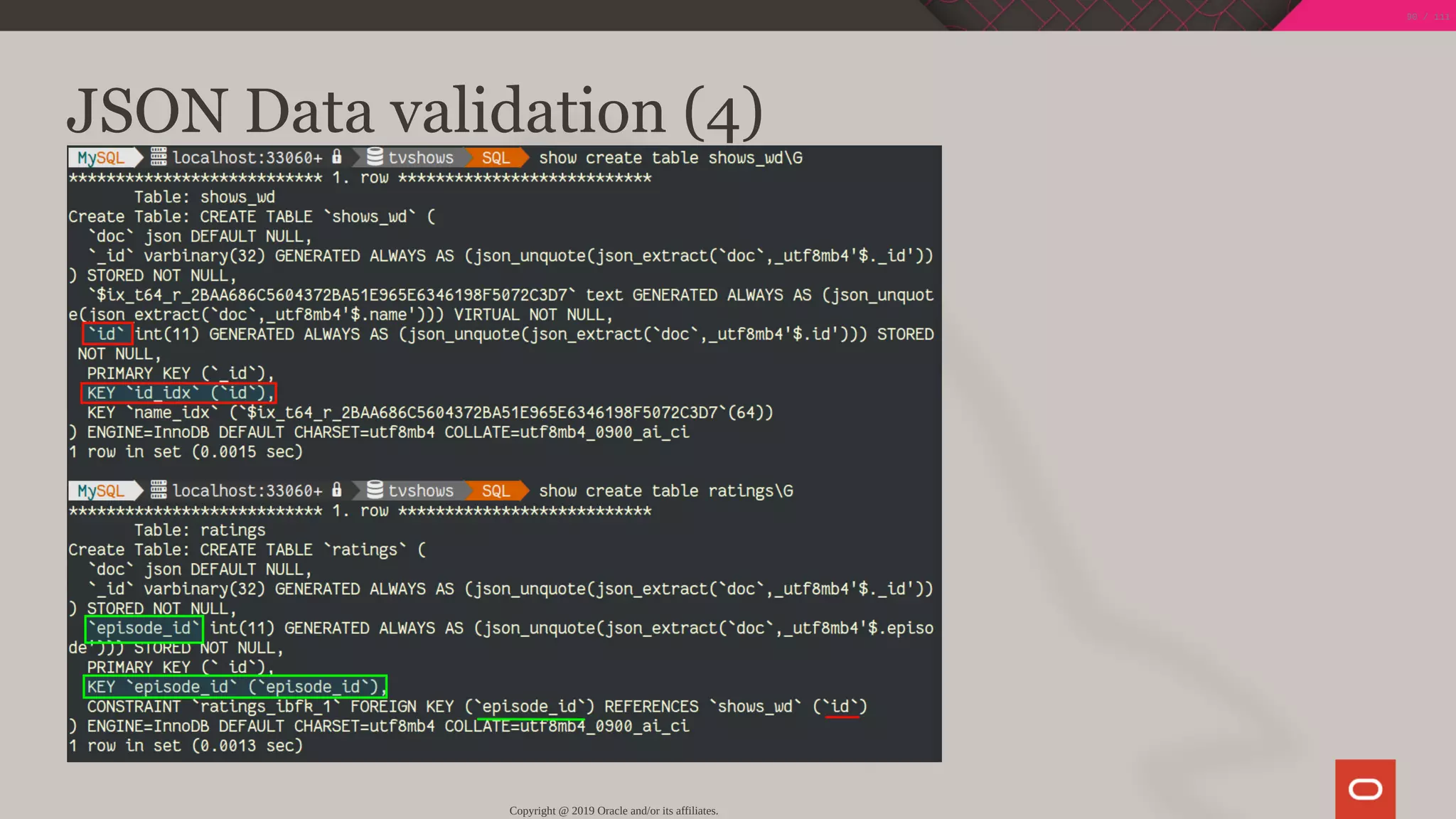 JSON Data validation (4)
Copyright @ 2019 Oracle and/or its affiliates.
90 / 111
 