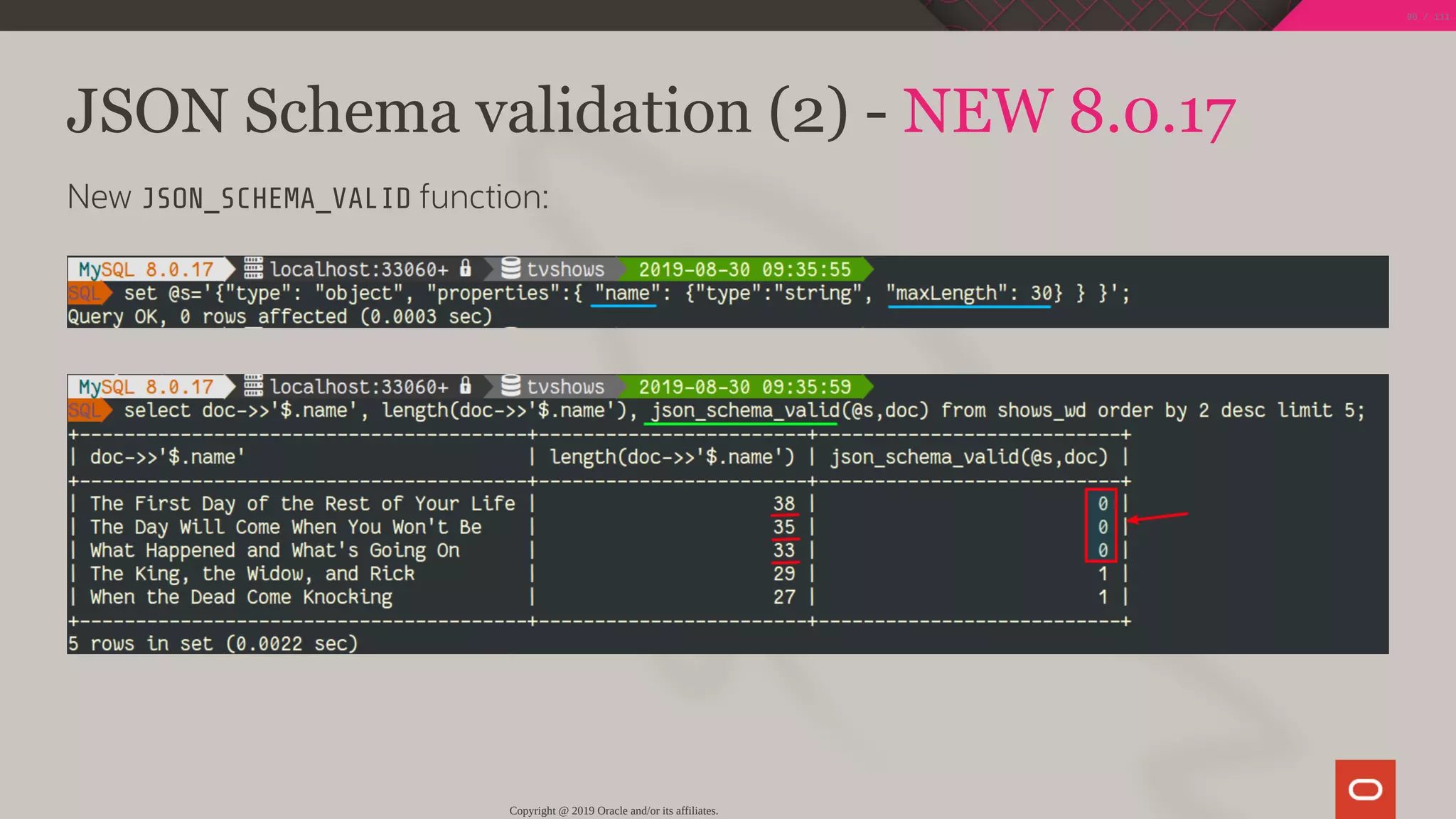 JSON Schema validation (2) - NEW 8.0.17
New JSON_SCHEMA_VALID function:
Copyright @ 2019 Oracle and/or its affiliates.
96 / 111
 