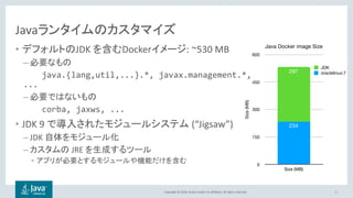 Copyright © 2018, Oracle and/or its affiliates. All rights reserved.
Javaランタイムのカスタマイズ
• デフォルトのJDK を含むDockerイメージ: ~530 MB
– 必要なもの
java.{lang,util,...}.*, javax.management.*,
...
– 必要ではないもの
corba, jaxws, ...
• JDK 9 で導入されたモジュールシステム (“Jigsaw”)
– JDK 自体をモジュール化
– カスタムの JRE を生成するツール
• アプリが必要とするモジュールや機能だけを含む
23
 