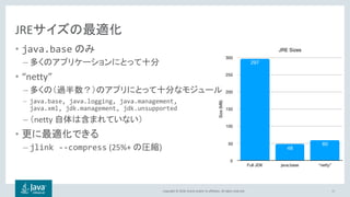 Copyright © 2018, Oracle and/or its affiliates. All rights reserved.
JREサイズの最適化
• java.base のみ
– 多くのアプリケーションにとって十分
• “netty”
– 多くの（過半数？）のアプリにとって十分なモジュール
– java.base, java.logging, java.management,
java.xml, jdk.management, jdk.unsupported
– （netty 自体は含まれていない）
• 更に最適化できる
– jlink --compress (25%+ の圧縮)
26
 