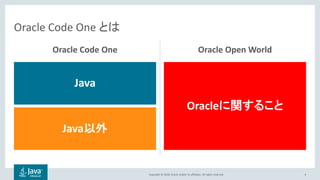 Copyright © 2018, Oracle and/or its affiliates. All rights reserved.
Oracle Code One Oracle Open World
4
Oracle Code One とは
Java以外
Java
Oracleに関すること
 
