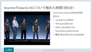 Copyright © 2018, Oracle and/or its affiliates. All rights reserved.
Community KeynoteのIBMの枠
左から
• Ian Robinson@IBM
• Will Lyons@Oracle
• Mark Little@Red Hat
• David Blevins@Tomitribe
一番右はMCのPratik Patel@IBM
56
KeynoteでJakarta EEについて触れた時間（約5分）
 