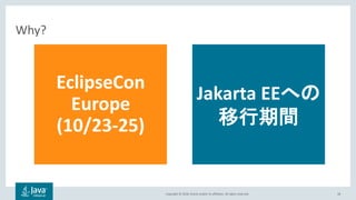 Copyright © 2018, Oracle and/or its affiliates. All rights reserved. 58
Why?
EclipseCon
Europe
(10/23-25)
Jakarta EEへの
移行期間
 