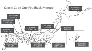 Oracle Code One Feedback Meetup
7
@TOKYO
2018/11/17
@SENDAI
2019/2/2
@NAGOYA
2018/11/30
@TOYAMA
2019/1/26
@GINOWAN
2018/12/8
@HIROSHIMA
2019/1/19
@OKAYAMA
2019/1/18
@OSAKA
2018/11/24
@KUMAMOTO
2019/1/11
@FUKUOKA
2019/1/12
@SAPPORO
2019/2/9
 