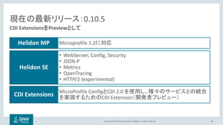 Copyright © 2018, Oracle and/or its affiliates. All rights reserved. 86
CDI ExtensionsをPreviewとして
現在の最新リリース：0.10.5
Helidon MP
Helidon SE
Microprofile 1.2に対応
• WebServer, Config, Security
• JSON-P
• Metrics
• OpenTracing
• HTTP/2 (experimental)
CDI Extensions MicroProfile ConfigとCDI 2.0 を使用し、種々のサービスとの統合
を実現するためのCDI Extension（開発者プレビュー）
 