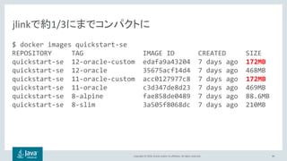 Copyright © 2018, Oracle and/or its affiliates. All rights reserved. 90
jlinkで約1/3にまでコンパクトに
$ docker images quickstart-se
REPOSITORY TAG IMAGE ID CREATED SIZE
quickstart-se 12-oracle-custom edafa9a43204 7 days ago 172MB
quickstart-se 12-oracle 35675acf14d4 7 days ago 468MB
quickstart-se 11-oracle-custom acc0127977c8 7 days ago 172MB
quickstart-se 11-oracle c3d347de8d23 7 days ago 469MB
quickstart-se 8-alpine fae858de0489 7 days ago 88.6MB
quickstart-se 8-slim 3a505f8068dc 7 days ago 210MB
 
