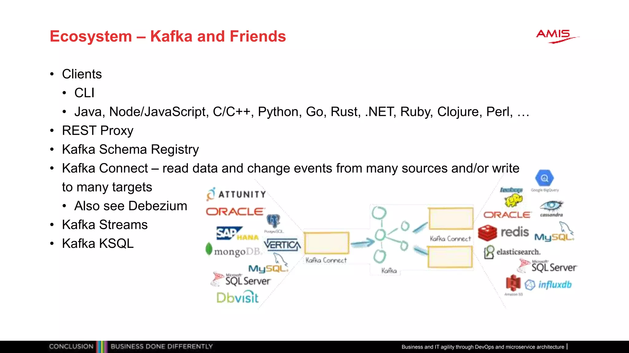Ecosystem – Kafka and Friends
• Clients
• CLI
• Java, Node/JavaScript, C/C++, Python, Go, Rust, .NET, Ruby, Clojure, Perl, …
• REST Proxy
• Kafka Schema Registry
• Kafka Connect – read data and change events from many sources and/or write
to many targets
• Also see Debezium
• Kafka Streams
• Kafka KSQL
Business and IT agility through DevOps and microservice architecture
 