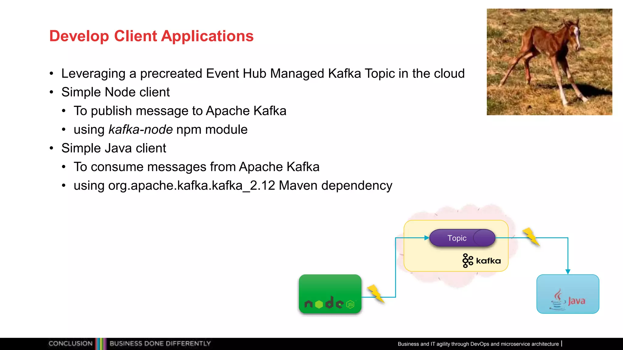Develop Client Applications
• Leveraging a precreated Event Hub Managed Kafka Topic in the cloud
• Simple Node client
• To publish message to Apache Kafka
• using kafka-node npm module
• Simple Java client
• To consume messages from Apache Kafka
• using org.apache.kafka.kafka_2.12 Maven dependency
Business and IT agility through DevOps and microservice architecture
Topic
 