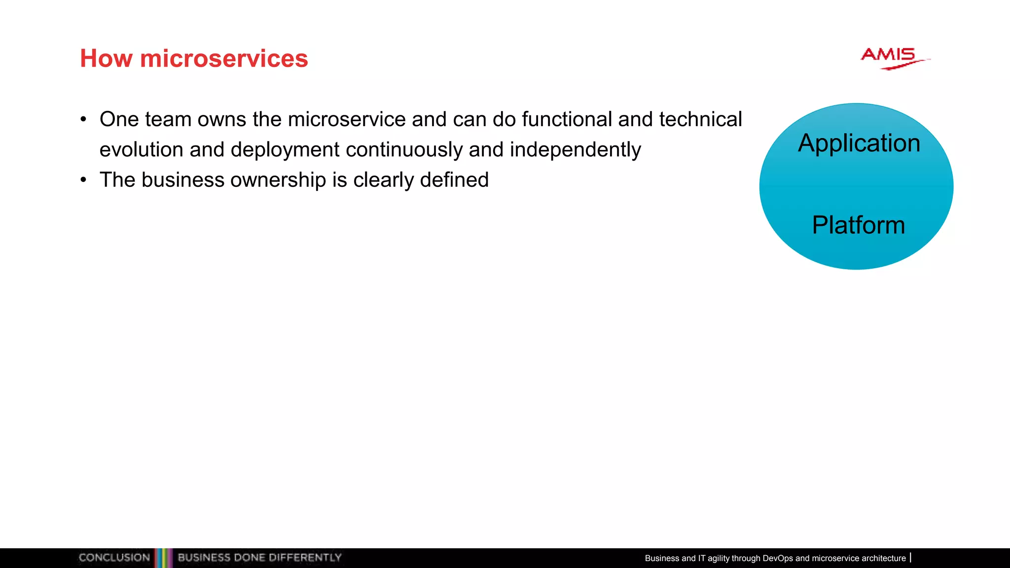 How microservices
• One team owns the microservice and can do functional and technical
evolution and deployment continuously and independently
• The business ownership is clearly defined
Business and IT agility through DevOps and microservice architecture
Application
Platform
 