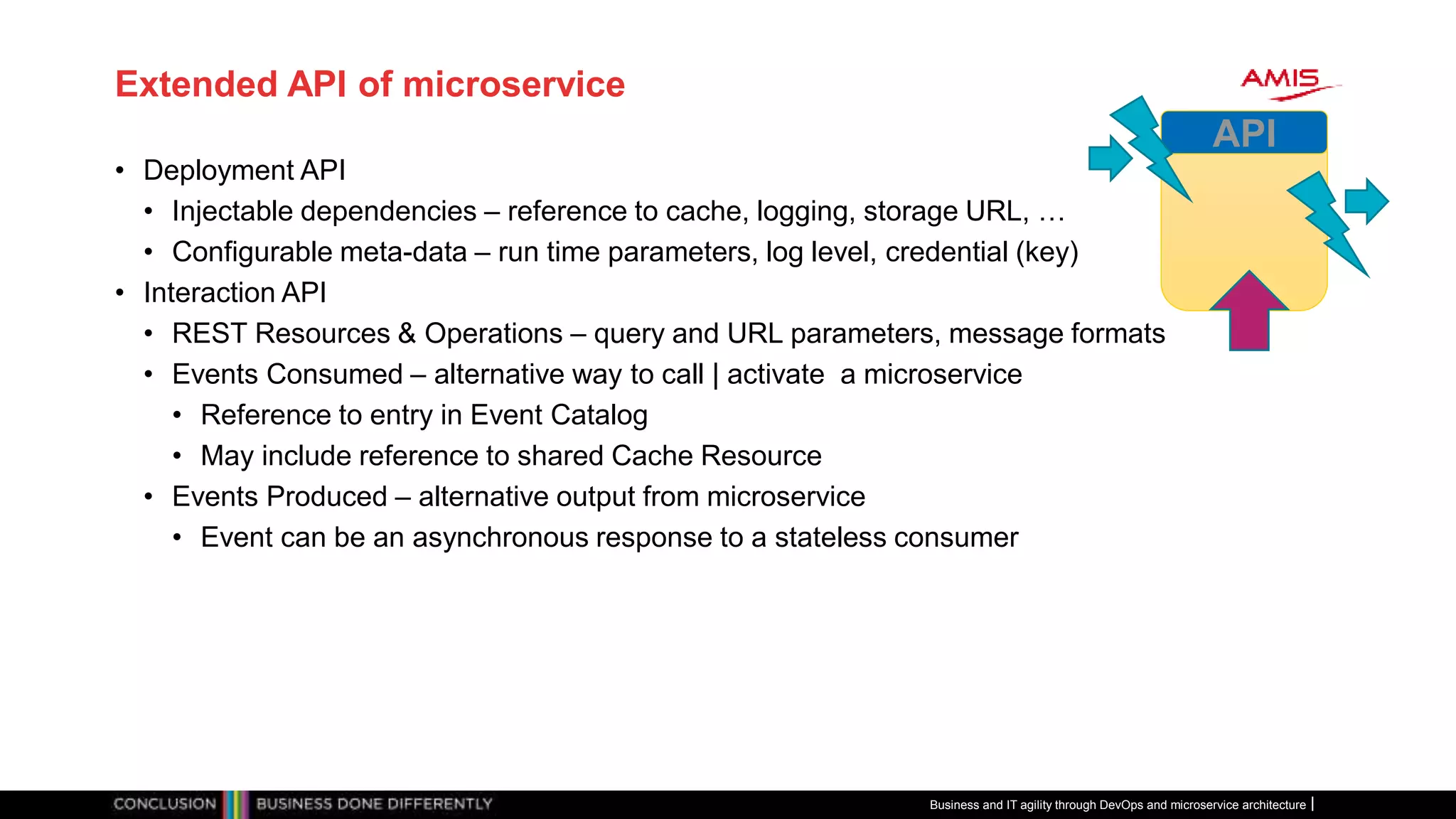Extended API of microservice
• Deployment API
• Injectable dependencies – reference to cache, logging, storage URL, …
• Configurable meta-data – run time parameters, log level, credential (key)
• Interaction API
• REST Resources & Operations – query and URL parameters, message formats
• Events Consumed – alternative way to call | activate a microservice
• Reference to entry in Event Catalog
• May include reference to shared Cache Resource
• Events Produced – alternative output from microservice
• Event can be an asynchronous response to a stateless consumer
API
Business and IT agility through DevOps and microservice architecture
 