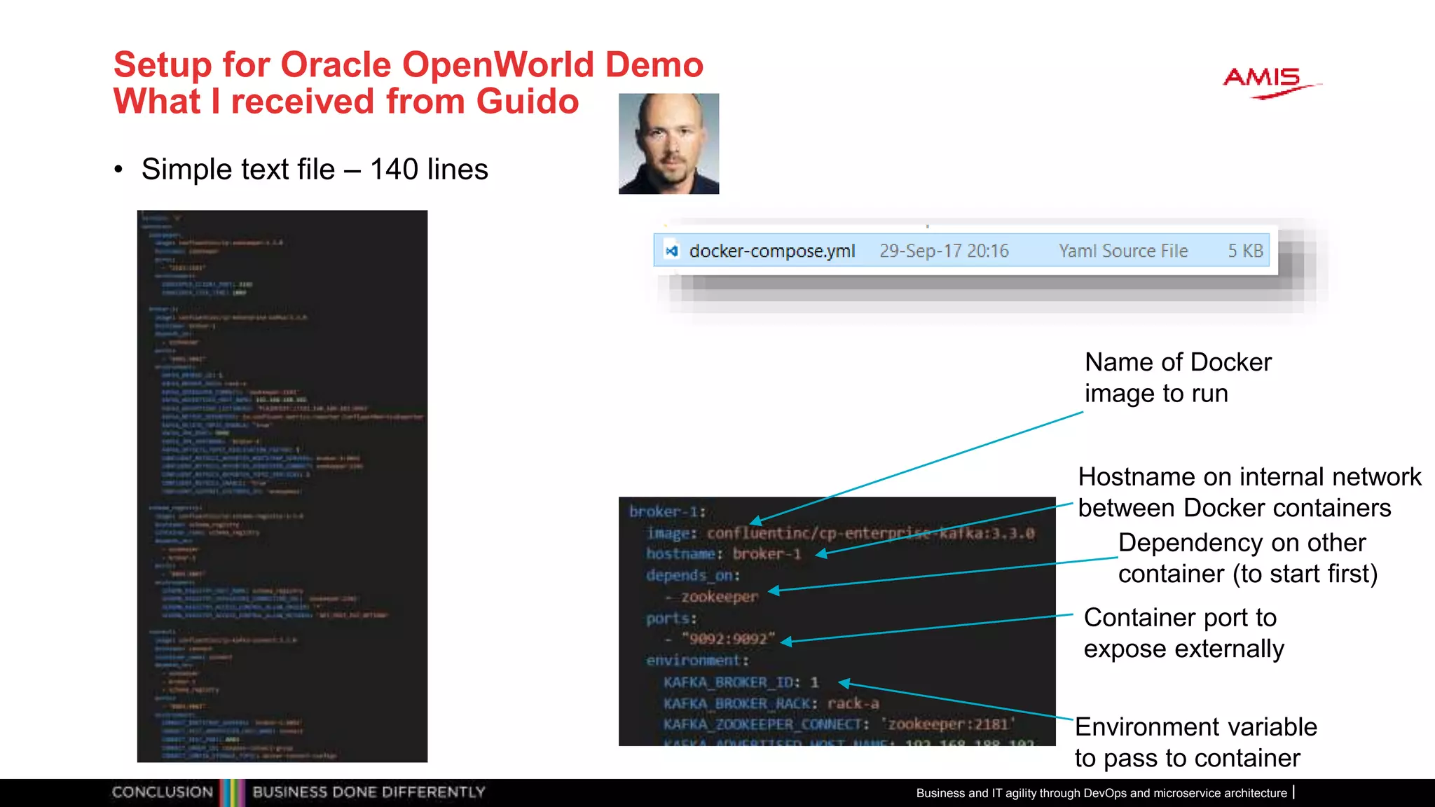 Setup for Oracle OpenWorld Demo
What I received from Guido
• Simple text file – 140 lines
Business and IT agility through DevOps and microservice architecture
Name of Docker
image to run
Hostname on internal network
between Docker containers
Environment variable
to pass to container
Dependency on other
container (to start first)
Container port to
expose externally
 