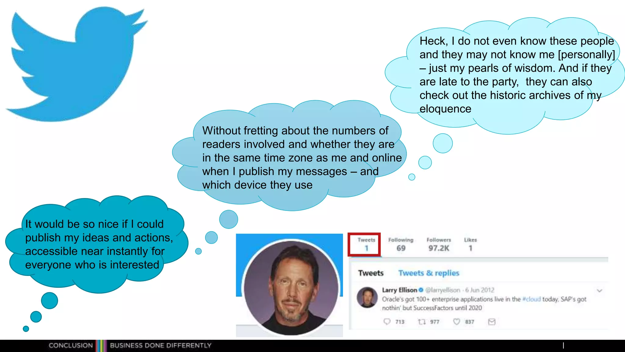 It would be so nice if I could
publish my ideas and actions,
accessible near instantly for
everyone who is interested
Heck, I do not even know these people
and they may not know me [personally]
– just my pearls of wisdom. And if they
are late to the party, they can also
check out the historic archives of my
eloquence
Without fretting about the numbers of
readers involved and whether they are
in the same time zone as me and online
when I publish my messages – and
which device they use
 