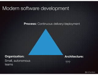 @crichardson
Modern software development
Architecture:
Process:
Small, autonomous
teams
???
Continuous delivery/deployment
Organization:
 