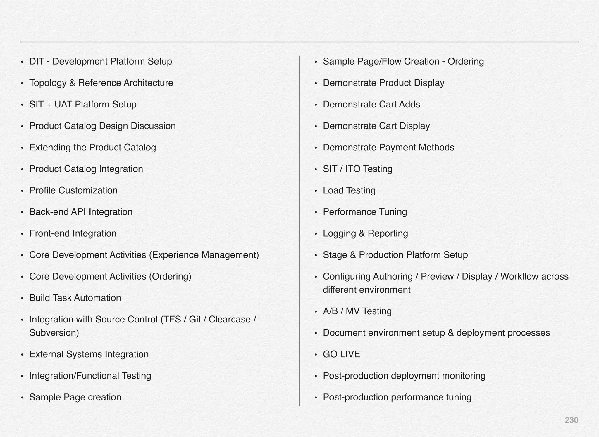 230
• DIT - Development Platform Setup!
• Topology & Reference Architecture
• SIT + UAT Platform Setup!
• Product Catalog Design Discussion!
• Extending the Product Catalog!
• Product Catalog Integration!
• Proﬁle Customization!
• Back-end API Integration!
• Front-end Integration!
• Core Development Activities (Experience Management)!
• Core Development Activities (Ordering)! !
• Build Task Automation!
• Integration with Source Control (TFS / Git / Clearcase /
Subversion)!
• External Systems Integration !
• Integration/Functional Testing!
• Sample Page creation!
• Sample Page/Flow Creation - Ordering!
• Demonstrate Product Display!
• Demonstrate Cart Adds!
• Demonstrate Cart Display
• Demonstrate Payment Methods
• SIT / ITO Testing
• Load Testing
• Performance Tuning!
• Logging & Reporting
• Stage & Production Platform Setup!
• Conﬁguring Authoring / Preview / Display / Workﬂow across
different environment
• A/B / MV Testing
• Document environment setup & deployment processes
• GO LIVE
• Post-production deployment monitoring
• Post-production performance tuning
 