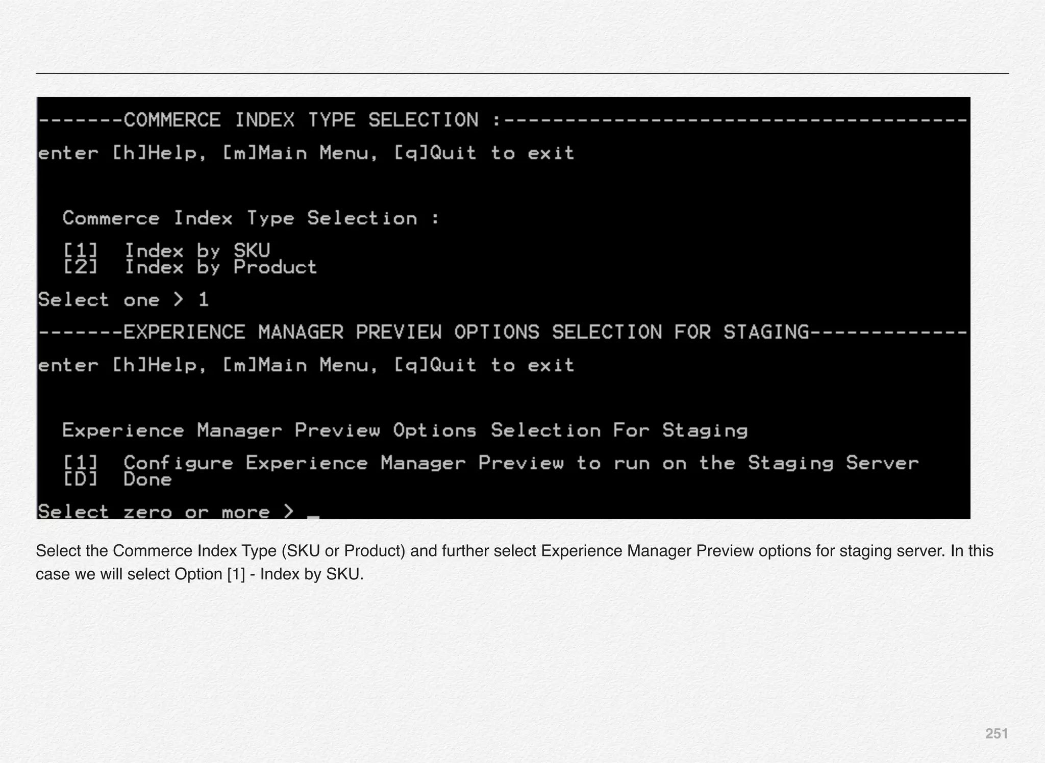 251
Select the Commerce Index Type (SKU or Product) and further select Experience Manager Preview options for staging server. In this
case we will select Option [1] - Index by SKU.
 