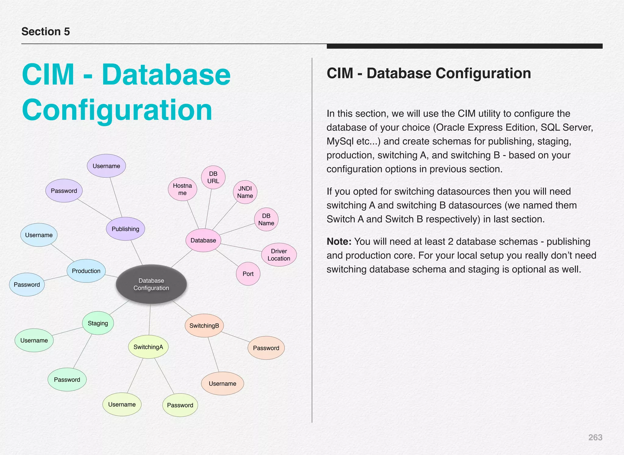 263
CIM - Database Conﬁguration
In this section, we will use the CIM utility to conﬁgure the
database of your choice (Oracle Express Edition, SQL Server,
MySql etc...) and create schemas for publishing, staging,
production, switching A, and switching B - based on your
conﬁguration options in previous section.
If you opted for switching datasources then you will need
switching A and switching B datasources (we named them
Switch A and Switch B respectively) in last section.
Note: You will need at least 2 database schemas - publishing
and production core. For your local setup you really don’t need
switching database schema and staging is optional as well.
Section 5
CIM - Database
Conﬁguration
Database
Conﬁguration
Publishing
Production
Staging
SwitchingA
SwitchingB
Database
Hostna
me
Port
Driver
Location
DB
Name
DB
URL
JNDI
Name
Username
Password
Username Password
Username
Password
Username
Password
Username
Password
 