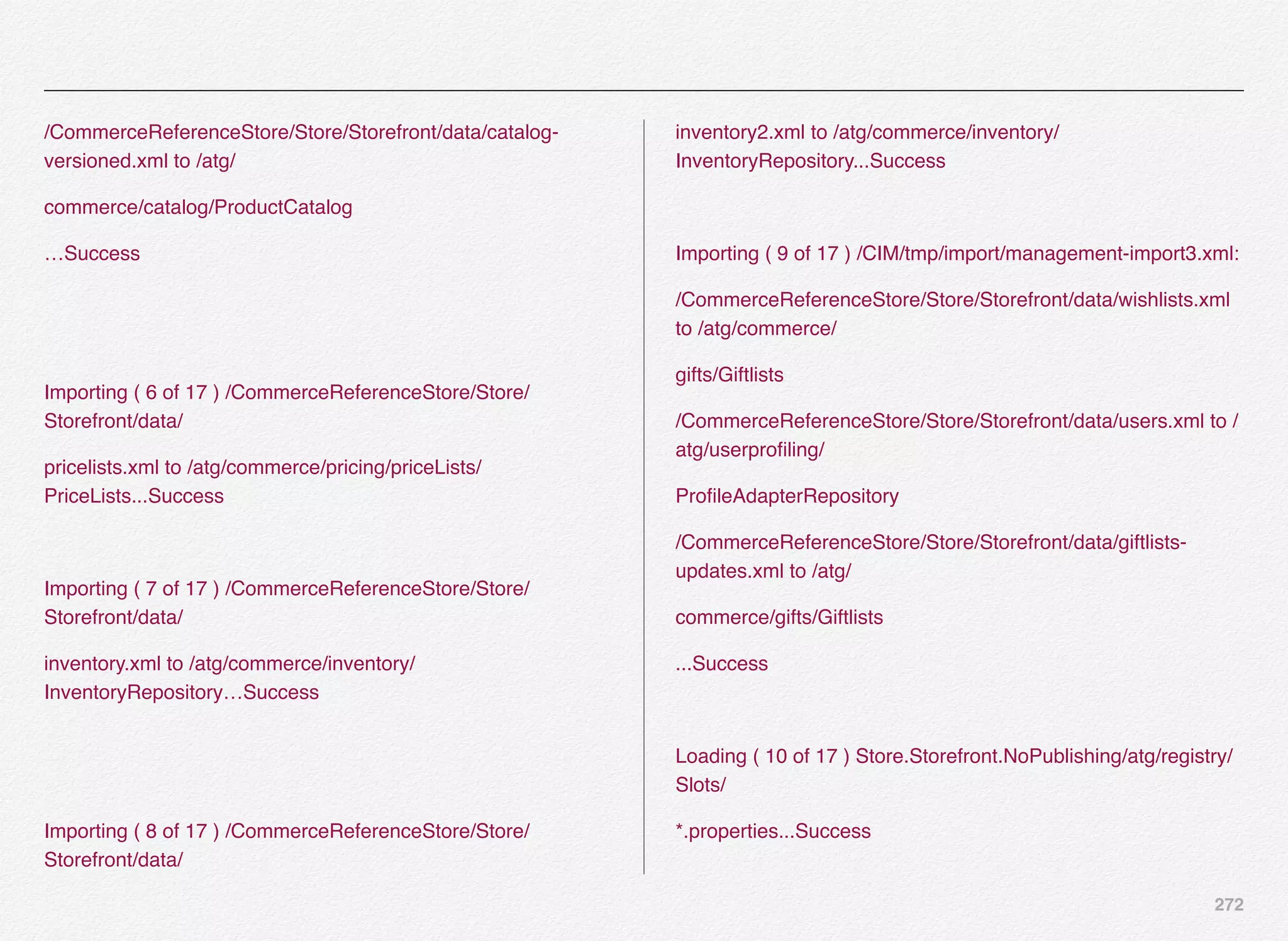 272
/CommerceReferenceStore/Store/Storefront/data/catalog-
versioned.xml to /atg/
commerce/catalog/ProductCatalog
…Success
Importing ( 6 of 17 ) /CommerceReferenceStore/Store/
Storefront/data/
pricelists.xml to /atg/commerce/pricing/priceLists/
PriceLists...Success
Importing ( 7 of 17 ) /CommerceReferenceStore/Store/
Storefront/data/
inventory.xml to /atg/commerce/inventory/
InventoryRepository…Success
Importing ( 8 of 17 ) /CommerceReferenceStore/Store/
Storefront/data/
inventory2.xml to /atg/commerce/inventory/
InventoryRepository...Success
Importing ( 9 of 17 ) /CIM/tmp/import/management-import3.xml:
/CommerceReferenceStore/Store/Storefront/data/wishlists.xml
to /atg/commerce/
gifts/Giftlists
/CommerceReferenceStore/Store/Storefront/data/users.xml to /
atg/userproﬁling/
ProﬁleAdapterRepository
/CommerceReferenceStore/Store/Storefront/data/giftlists-
updates.xml to /atg/
commerce/gifts/Giftlists
...Success
Loading ( 10 of 17 ) Store.Storefront.NoPublishing/atg/registry/
Slots/
*.properties...Success
 