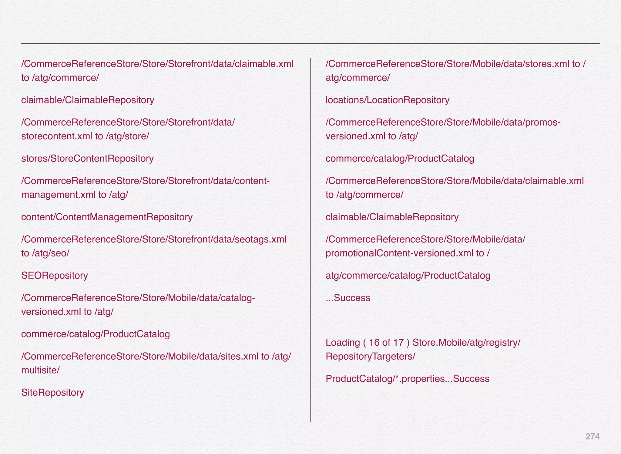 274
/CommerceReferenceStore/Store/Storefront/data/claimable.xml
to /atg/commerce/
claimable/ClaimableRepository
/CommerceReferenceStore/Store/Storefront/data/
storecontent.xml to /atg/store/
stores/StoreContentRepository
/CommerceReferenceStore/Store/Storefront/data/content-
management.xml to /atg/
content/ContentManagementRepository
/CommerceReferenceStore/Store/Storefront/data/seotags.xml
to /atg/seo/
SEORepository
/CommerceReferenceStore/Store/Mobile/data/catalog-
versioned.xml to /atg/
commerce/catalog/ProductCatalog
/CommerceReferenceStore/Store/Mobile/data/sites.xml to /atg/
multisite/
SiteRepository
/CommerceReferenceStore/Store/Mobile/data/stores.xml to /
atg/commerce/
locations/LocationRepository
/CommerceReferenceStore/Store/Mobile/data/promos-
versioned.xml to /atg/
commerce/catalog/ProductCatalog
/CommerceReferenceStore/Store/Mobile/data/claimable.xml
to /atg/commerce/
claimable/ClaimableRepository
/CommerceReferenceStore/Store/Mobile/data/
promotionalContent-versioned.xml to /
atg/commerce/catalog/ProductCatalog
...Success
Loading ( 16 of 17 ) Store.Mobile/atg/registry/
RepositoryTargeters/
ProductCatalog/*.properties...Success
 