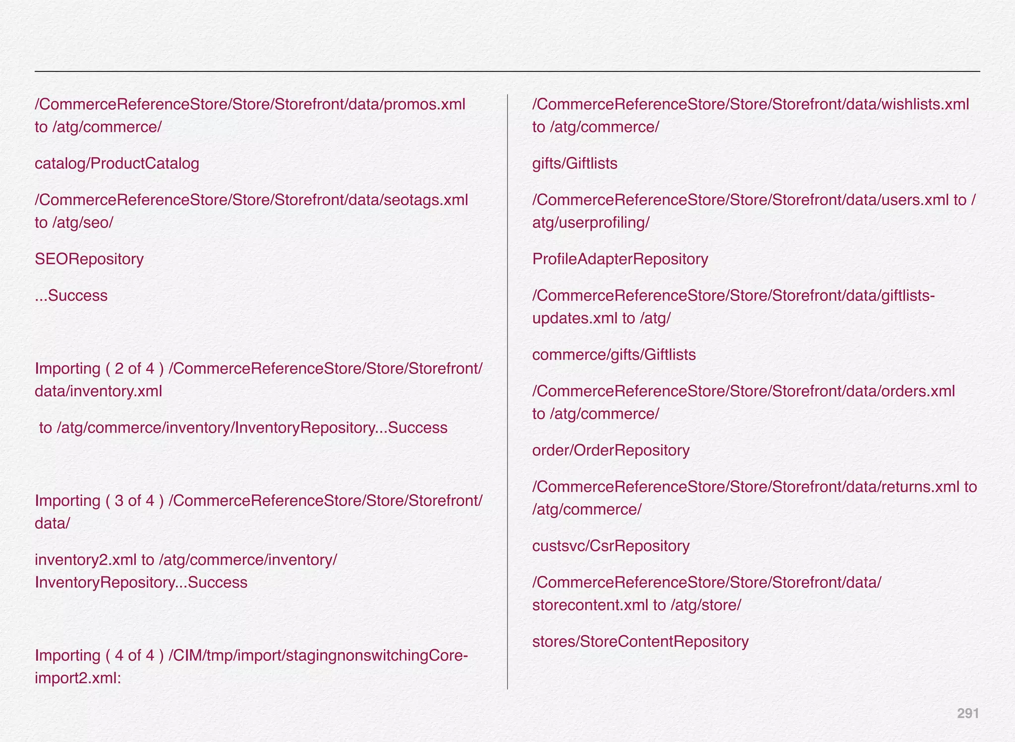 291
/CommerceReferenceStore/Store/Storefront/data/promos.xml
to /atg/commerce/
catalog/ProductCatalog
/CommerceReferenceStore/Store/Storefront/data/seotags.xml
to /atg/seo/
SEORepository
...Success
Importing ( 2 of 4 ) /CommerceReferenceStore/Store/Storefront/
data/inventory.xml
to /atg/commerce/inventory/InventoryRepository...Success
Importing ( 3 of 4 ) /CommerceReferenceStore/Store/Storefront/
data/
inventory2.xml to /atg/commerce/inventory/
InventoryRepository...Success
Importing ( 4 of 4 ) /CIM/tmp/import/stagingnonswitchingCore-
import2.xml:
/CommerceReferenceStore/Store/Storefront/data/wishlists.xml
to /atg/commerce/
gifts/Giftlists
/CommerceReferenceStore/Store/Storefront/data/users.xml to /
atg/userproﬁling/
ProﬁleAdapterRepository
/CommerceReferenceStore/Store/Storefront/data/giftlists-
updates.xml to /atg/
commerce/gifts/Giftlists
/CommerceReferenceStore/Store/Storefront/data/orders.xml
to /atg/commerce/
order/OrderRepository
/CommerceReferenceStore/Store/Storefront/data/returns.xml to
/atg/commerce/
custsvc/CsrRepository
/CommerceReferenceStore/Store/Storefront/data/
storecontent.xml to /atg/store/
stores/StoreContentRepository
 