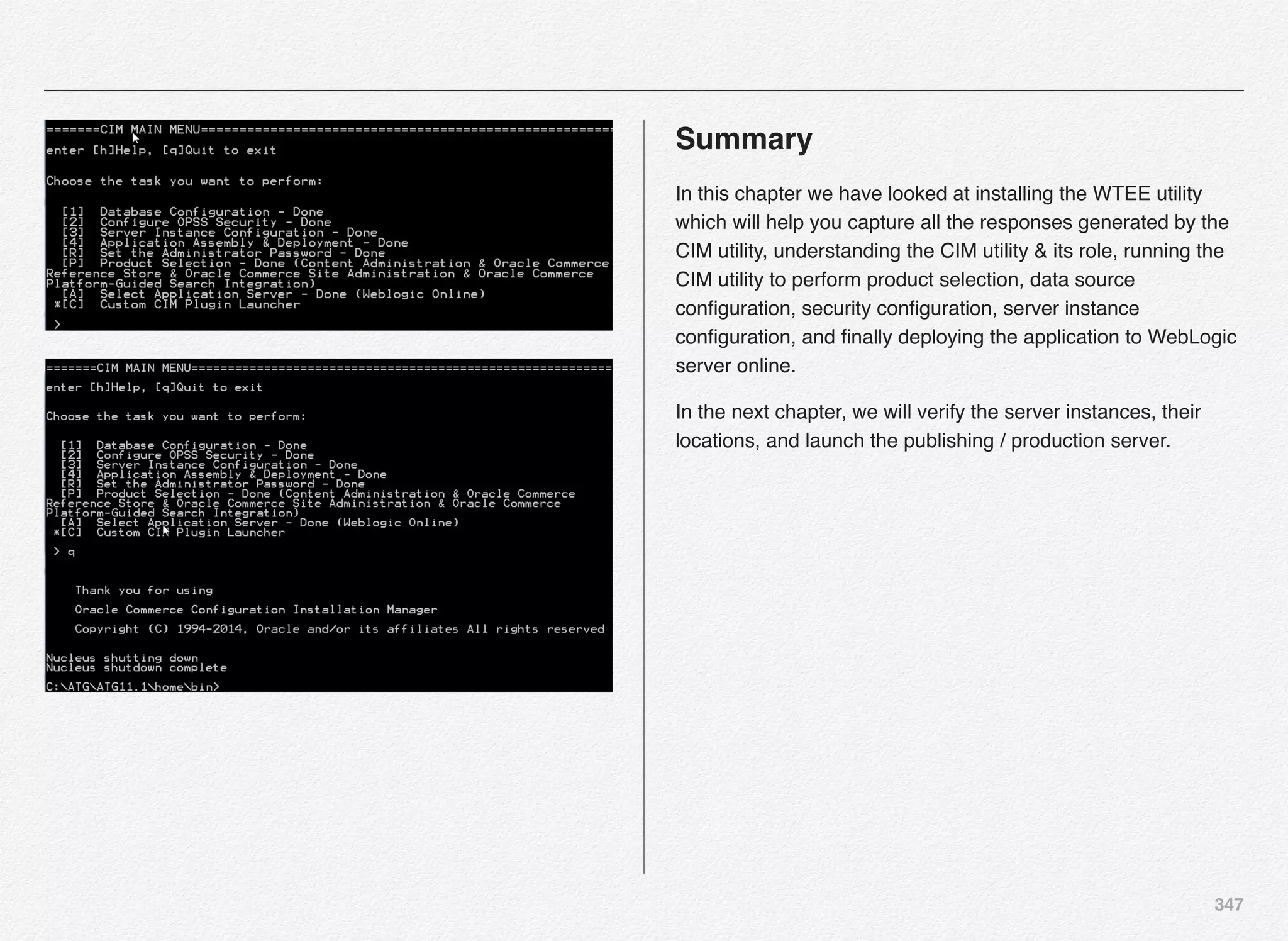 347
Summary
In this chapter we have looked at installing the WTEE utility
which will help you capture all the responses generated by the
CIM utility, understanding the CIM utility & its role, running the
CIM utility to perform product selection, data source
conﬁguration, security conﬁguration, server instance
conﬁguration, and ﬁnally deploying the application to WebLogic
server online.
In the next chapter, we will verify the server instances, their
locations, and launch the publishing / production server.
 
