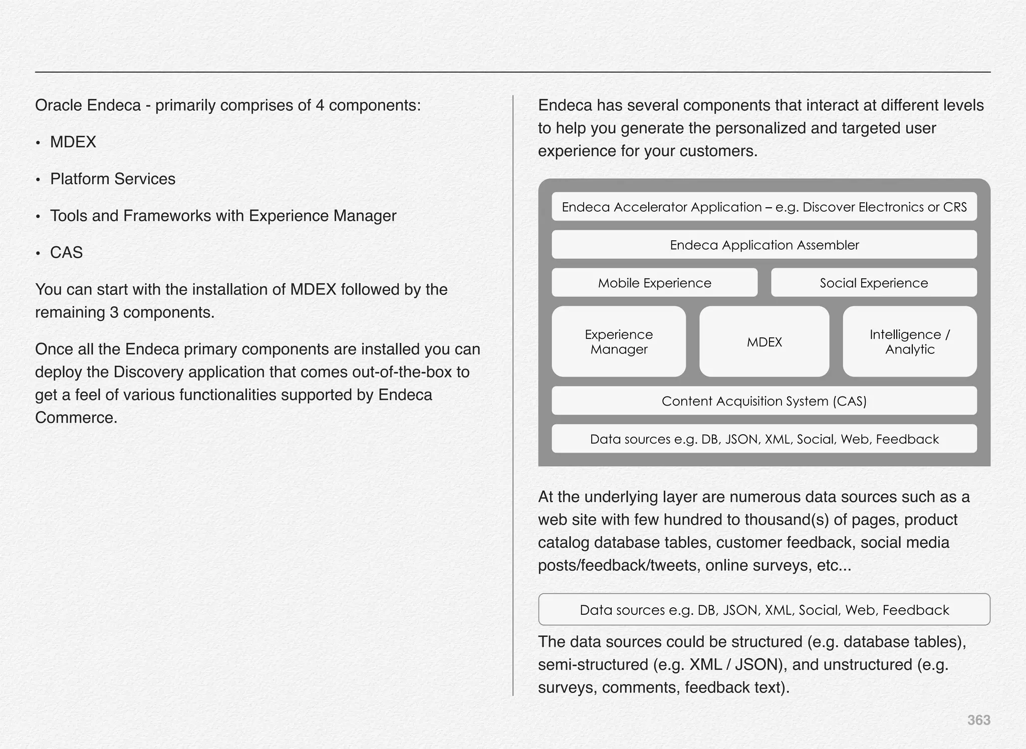 363
Oracle Endeca - primarily comprises of 4 components:
• MDEX
• Platform Services
• Tools and Frameworks with Experience Manager
• CAS
You can start with the installation of MDEX followed by the
remaining 3 components.
Once all the Endeca primary components are installed you can
deploy the Discovery application that comes out-of-the-box to
get a feel of various functionalities supported by Endeca
Commerce.
Endeca has several components that interact at different levels
to help you generate the personalized and targeted user
experience for your customers.
Endeca Accelerator Application – e.g. Discover Electronics or CRS
Endeca Application Assembler
Mobile Experience Social Experience
Experience
Manager
MDEX
Intelligence /
Analytic
Content Acquisition System (CAS)
Data sources e.g. DB, JSON, XML, Social, Web, Feedback
At the underlying layer are numerous data sources such as a
web site with few hundred to thousand(s) of pages, product
catalog database tables, customer feedback, social media
posts/feedback/tweets, online surveys, etc...
Data sources e.g. DB, JSON, XML, Social, Web, Feedback
The data sources could be structured (e.g. database tables),
semi-structured (e.g. XML / JSON), and unstructured (e.g.
surveys, comments, feedback text).
 