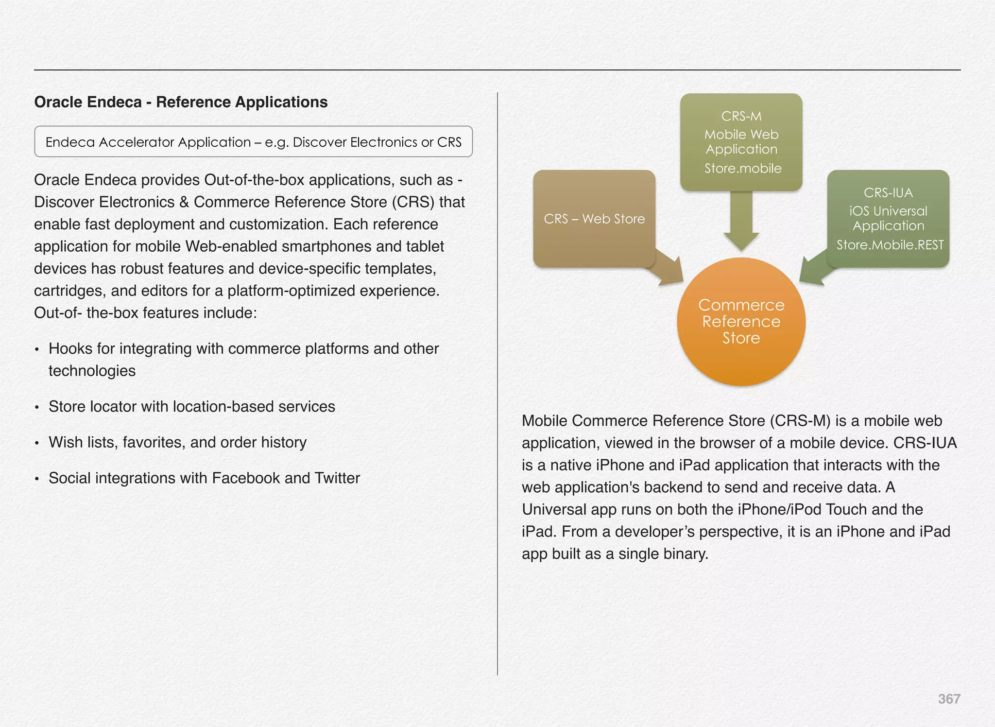 367
Oracle Endeca - Reference Applications
Oracle Endeca provides Out-of-the-box applications, such as -
Discover Electronics & Commerce Reference Store (CRS) that
enable fast deployment and customization. Each reference
application for mobile Web-enabled smartphones and tablet
devices has robust features and device-speciﬁc templates,
cartridges, and editors for a platform-optimized experience.
Out-of- the-box features include:
• Hooks for integrating with commerce platforms and other
technologies
• Store locator with location-based services
• Wish lists, favorites, and order history
• Social integrations with Facebook and Twitter
Commerce
Reference
Store
CRS – Web Store
CRS-M
Mobile Web
Application
Store.mobile
CRS-IUA
iOS Universal
Application
Store.Mobile.REST
Mobile Commerce Reference Store (CRS-M) is a mobile web
application, viewed in the browser of a mobile device. CRS-IUA
is a native iPhone and iPad application that interacts with the
web application's backend to send and receive data. A
Universal app runs on both the iPhone/iPod Touch and the
iPad. From a developer’s perspective, it is an iPhone and iPad
app built as a single binary.
Endeca Accelerator Application – e.g. Discover Electronics or CRS
 