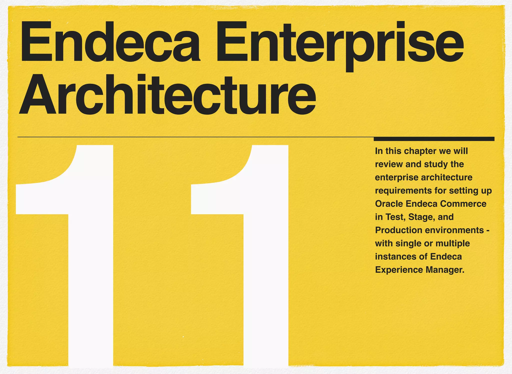 11
In this chapter we will
review and study the
enterprise architecture
requirements for setting up
Oracle Endeca Commerce
in Test, Stage, and
Production environments -
with single or multiple
instances of Endeca
Experience Manager.
Endeca Enterprise
Architecture
 