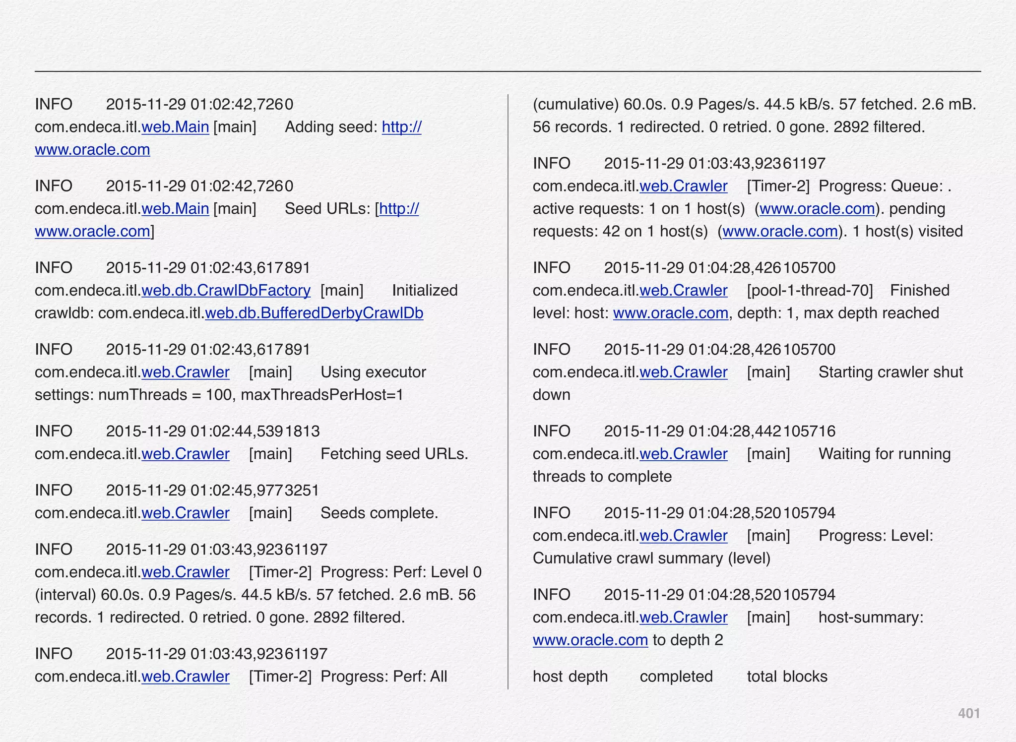 401
INFO! 2015-11-29 01:02:42,726!0!
com.endeca.itl.web.Main![main]! Adding seed: http://
www.oracle.com
INFO! 2015-11-29 01:02:42,726!0!
com.endeca.itl.web.Main![main]! Seed URLs: [http://
www.oracle.com]
INFO! 2015-11-29 01:02:43,617!891!
com.endeca.itl.web.db.CrawlDbFactory! [main]! Initialized
crawldb: com.endeca.itl.web.db.BufferedDerbyCrawlDb
INFO! 2015-11-29 01:02:43,617!891!
com.endeca.itl.web.Crawler! [main]! Using executor
settings: numThreads = 100, maxThreadsPerHost=1
INFO! 2015-11-29 01:02:44,539!1813!
com.endeca.itl.web.Crawler! [main]! Fetching seed URLs.
INFO! 2015-11-29 01:02:45,977!3251!
com.endeca.itl.web.Crawler! [main]! Seeds complete.
INFO! 2015-11-29 01:03:43,923!61197!
com.endeca.itl.web.Crawler! [Timer-2]! Progress: Perf: Level 0
(interval) 60.0s. 0.9 Pages/s. 44.5 kB/s. 57 fetched. 2.6 mB. 56
records. 1 redirected. 0 retried. 0 gone. 2892 ﬁltered.
INFO! 2015-11-29 01:03:43,923!61197!
com.endeca.itl.web.Crawler! [Timer-2]! Progress: Perf: All
(cumulative) 60.0s. 0.9 Pages/s. 44.5 kB/s. 57 fetched. 2.6 mB.
56 records. 1 redirected. 0 retried. 0 gone. 2892 ﬁltered.
INFO! 2015-11-29 01:03:43,923!61197!
com.endeca.itl.web.Crawler! [Timer-2]! Progress: Queue: .
active requests: 1 on 1 host(s) (www.oracle.com). pending
requests: 42 on 1 host(s) (www.oracle.com). 1 host(s) visited
INFO! 2015-11-29 01:04:28,426!105700!
com.endeca.itl.web.Crawler! [pool-1-thread-70]! Finished
level: host: www.oracle.com, depth: 1, max depth reached
INFO! 2015-11-29 01:04:28,426!105700!
com.endeca.itl.web.Crawler! [main]! Starting crawler shut
down
INFO! 2015-11-29 01:04:28,442!105716!
com.endeca.itl.web.Crawler! [main]! Waiting for running
threads to complete
INFO! 2015-11-29 01:04:28,520!105794!
com.endeca.itl.web.Crawler! [main]! Progress: Level:
Cumulative crawl summary (level)
INFO! 2015-11-29 01:04:28,520!105794!
com.endeca.itl.web.Crawler! [main]! host-summary:
www.oracle.com to depth 2
host!depth! completed! total!blocks
 