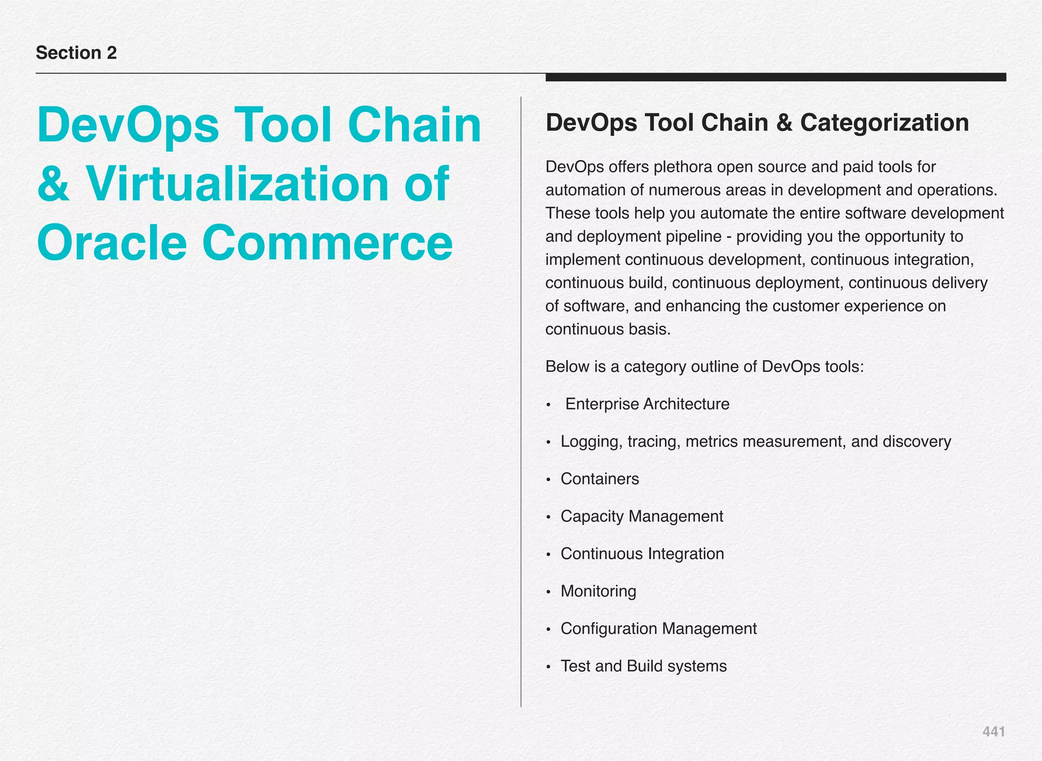 441
DevOps Tool Chain & Categorization
DevOps offers plethora open source and paid tools for
automation of numerous areas in development and operations.
These tools help you automate the entire software development
and deployment pipeline - providing you the opportunity to
implement continuous development, continuous integration,
continuous build, continuous deployment, continuous delivery
of software, and enhancing the customer experience on
continuous basis.
Below is a category outline of DevOps tools:
• Enterprise Architecture
• Logging, tracing, metrics measurement, and discovery
• Containers
• Capacity Management
• Continuous Integration
• Monitoring
• Conﬁguration Management
• Test and Build systems
Section 2
DevOps Tool Chain
& Virtualization of
Oracle Commerce
 
